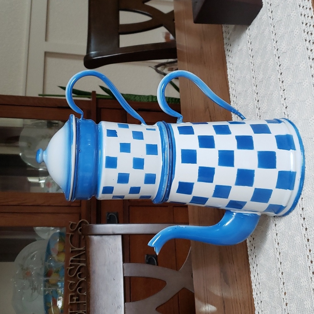 Chez Pluie Vintage Large Classic French, Blue check Enamelware coffee pot 1930's